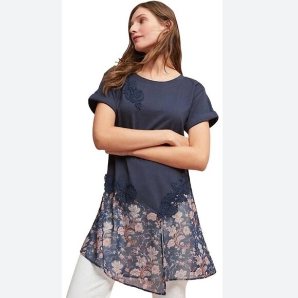 Anthropologie Tops - Akemi + Kin Anthropologie Kris Blue Floral Tunic Top Roll Sleeve Lace Flower XS